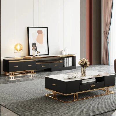 Nocturne – TV Unit and Coffee Table Set in Natural Wood with Gold Stainless Steel Accents and Marble-Look Top