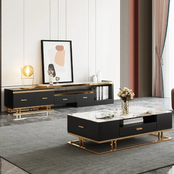 Nocturne – TV Unit and Coffee Table Set in Natural Wood with Gold Stainless Steel Accents and Marble-Look Top