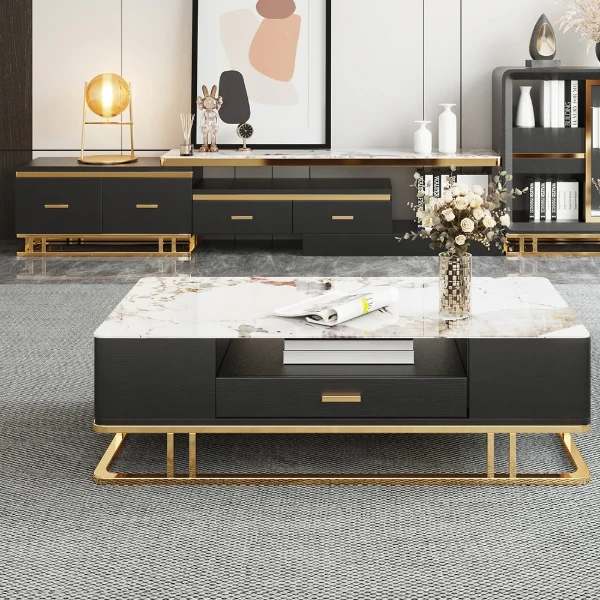 Nocturne – TV Unit and Coffee Table Set in Natural Wood with Gold Stainless Steel Accents and Marble-Look Top