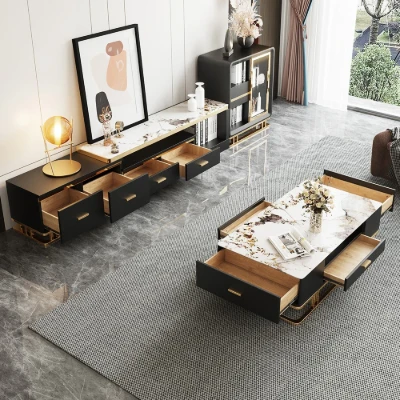 Nocturne – TV Unit and Coffee Table Set in Natural Wood with Gold Stainless Steel Accents and Marble-Look Top