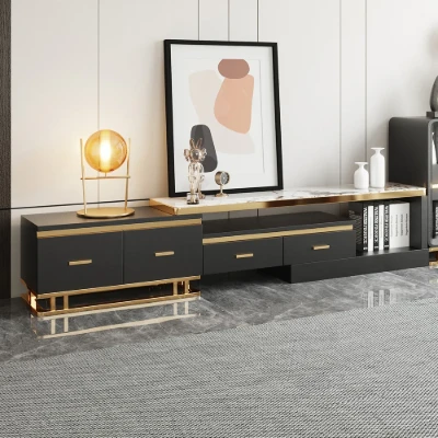 Nocturne – TV Unit and Coffee Table Set in Natural Wood with Gold Stainless Steel Accents and Marble-Look Top