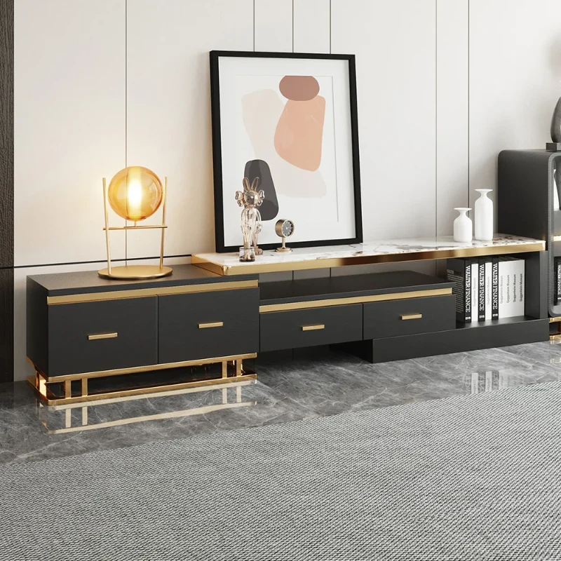 Nocturne – TV Unit and Coffee Table Set in Natural Wood with Gold Stainless Steel Accents and Marble-Look Top