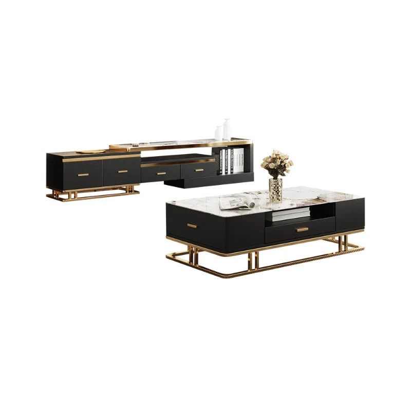 Nocturne – TV Unit and Coffee Table Set in Natural Wood with Gold Stainless Steel Accents and Marble-Look Top
