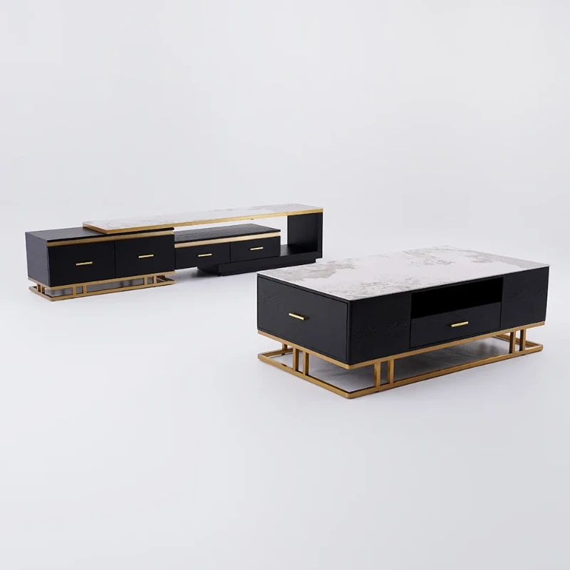 Nocturne – TV Unit and Coffee Table Set in Natural Wood with Gold Stainless Steel Accents and Marble-Look Top