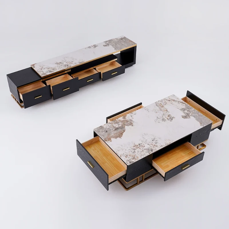 Nocturne – TV Unit and Coffee Table Set in Natural Wood with Gold Stainless Steel Accents and Marble-Look Top