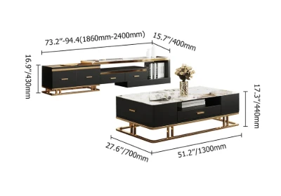 Nocturne – TV Unit and Coffee Table Set in Natural Wood with Gold Stainless Steel Accents and Marble-Look Top