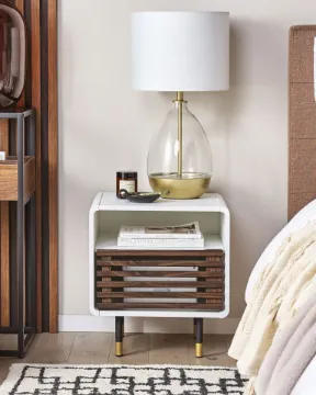 Elvio Modern Bedside Table – Natural Wood with Open Shelf & Drawer Elvio Modern Bedside Table – Natural Wood with Open Shelf & Drawer