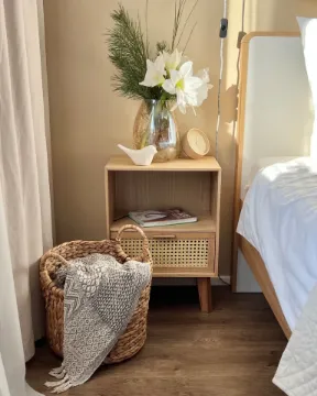 Liora Natural Wood Bedside Table – Open Shelf & Woven Drawer Liora Natural Wood Bedside Table – Open Shelf & Woven Drawer