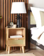 Liora Natural Wood Bedside Table – Open Shelf & Woven Drawer