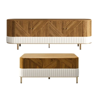 صورة كليـرڤوكس – طقم وحدة تلفزيون وطاولة قهوة وطاولة جانبية من الخشب الطبيعي