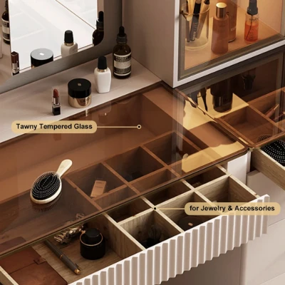 Picture of Marvella Vanity Set – Glass Top with lighting Cabinet and Matching Chair