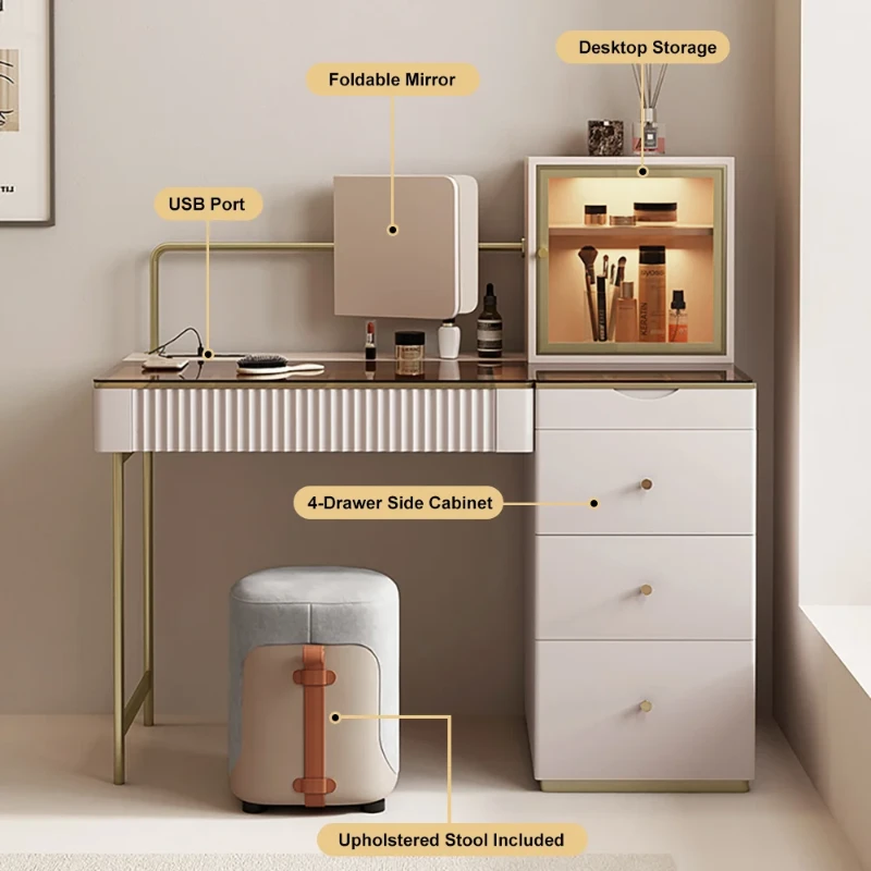 Picture of Marvella Vanity Set – Glass Top with lighting Cabinet and Matching Chair