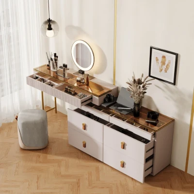 Léonie Vanity Set – Natural Wood with LED Mirror, Chair, and Storage Drawers
