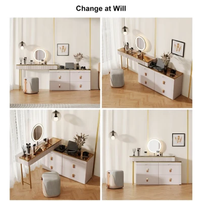 Léonie Vanity Set – Natural Wood with LED Mirror, Chair, and Storage Drawers