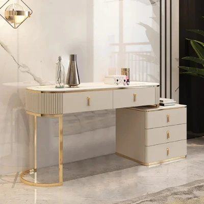 Clarette Vanity – Modern Natural Wood Design with Gold Stainless Frame and Elegant Storage Drawers