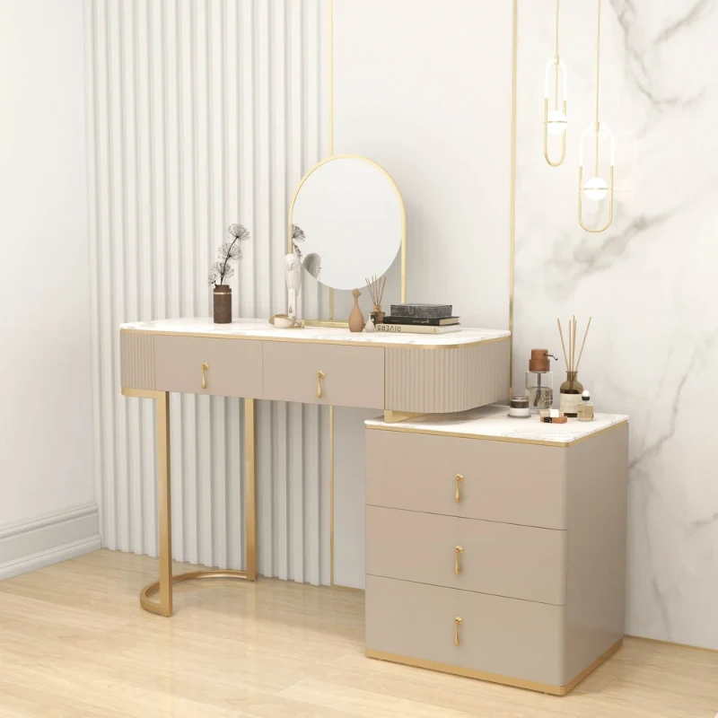 Clarette Vanity – Modern Natural Wood Design with Gold Stainless Frame and Elegant Storage Drawers
