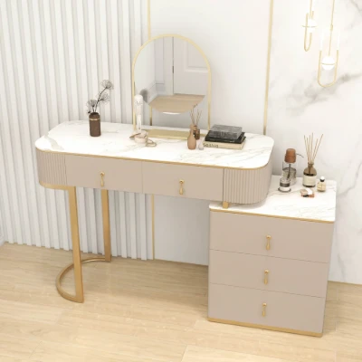 Clarette Vanity – Modern Natural Wood Design with Gold Stainless Frame and Elegant Storage Drawers