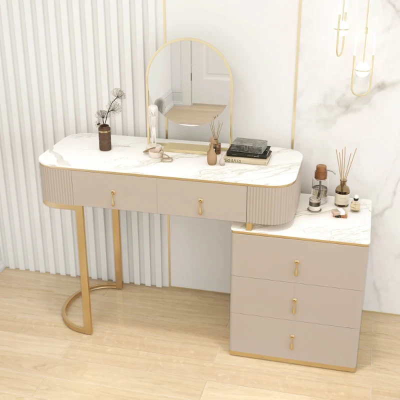 Clarette Vanity – Modern Natural Wood Design with Gold Stainless Frame and Elegant Storage Drawers