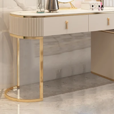 Clarette Vanity – Modern Natural Wood Design with Gold Stainless Frame and Elegant Storage Drawers