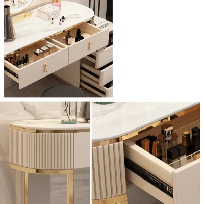 Clarette Vanity – Modern Natural Wood Design with Gold Stainless Frame and Elegant Storage Drawers