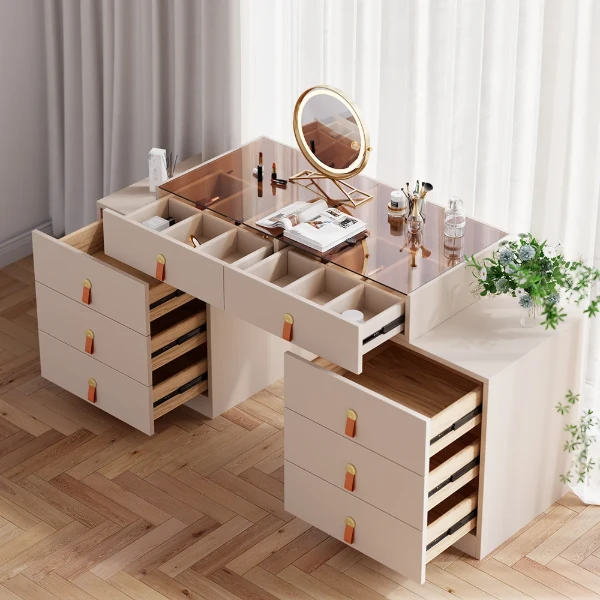Verona Vanity Set – Dual Natural Wood Storage Cabinets with Elegant Glass Top and Organizer