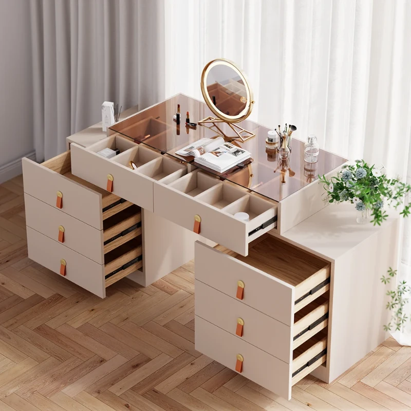 Verona Vanity Set – Dual Natural Wood Storage Cabinets with Elegant Glass Top and Organizer