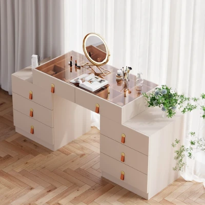 Verona Vanity Set – Dual Natural Wood Storage Cabinets with Elegant Glass Top and Organizer