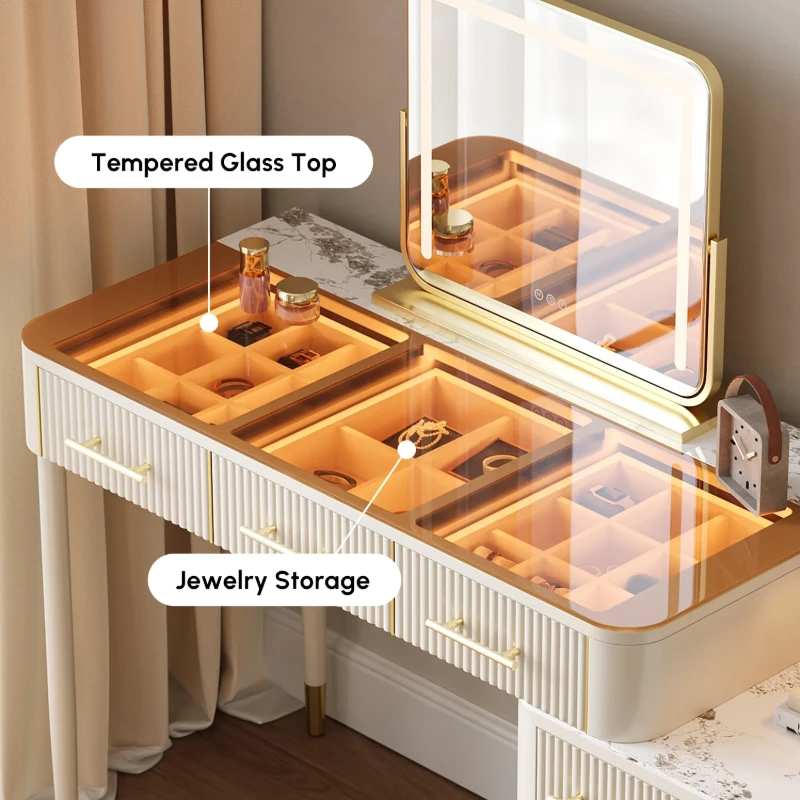 Velona Vanity Set – Natural Wood with Glass & Marble-Look Surfaces, LED Mirror & Chair