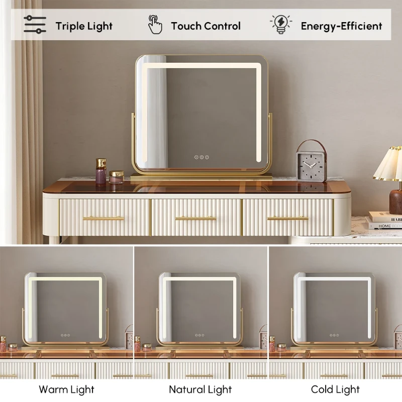 Velona Vanity Set – Natural Wood with Glass & Marble-Look Surfaces, LED Mirror & Chair