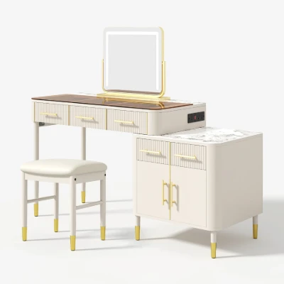 Velona Vanity Set – Natural Wood with Glass & Marble-Look Surfaces, LED Mirror & Chair