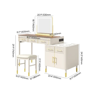 Velona Vanity Set – Natural Wood with Glass & Marble-Look Surfaces, LED Mirror & Chair