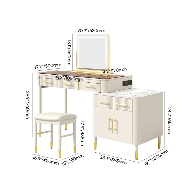 Velona Vanity Set – Natural Wood with Glass & Marble-Look Surfaces, LED Mirror & Chair