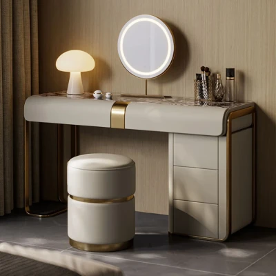 Amoura Vanity Set – Natural Wood with Matching Pouf, LED Mirror & Marble-Look Top
