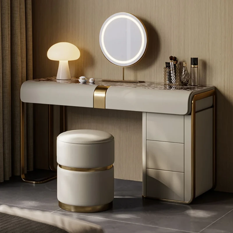 Amoura Vanity Set – Natural Wood with Matching Pouf, LED Mirror & Marble-Look Top