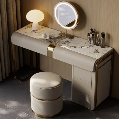 Amoura Vanity Set – Natural Wood with Matching Pouf, LED Mirror & Marble-Look Top