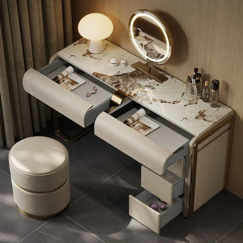Amoura Vanity Set – Natural Wood with Matching Pouf, LED Mirror & Marble-Look Top