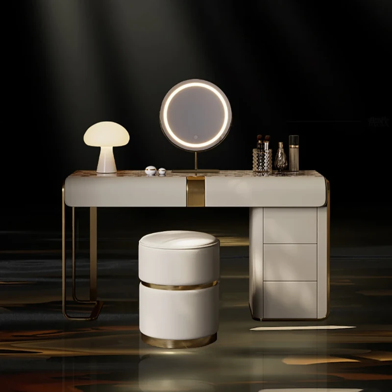 Amoura Vanity Set – Natural Wood with Matching Pouf, LED Mirror & Marble-Look Top