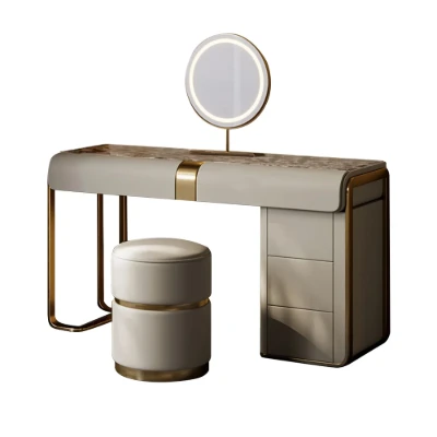Amoura Vanity Set – Natural Wood with Matching Pouf, LED Mirror & Marble-Look Top