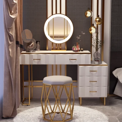 Valencia Vanity Set – Natural Wood with LED Mirror & Pouf Featuring Gold Stainless-Steel Details