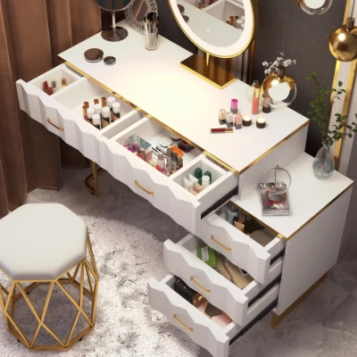 Valencia Vanity Set – Natural Wood with LED Mirror & Pouf Featuring Gold Stainless-Steel Details