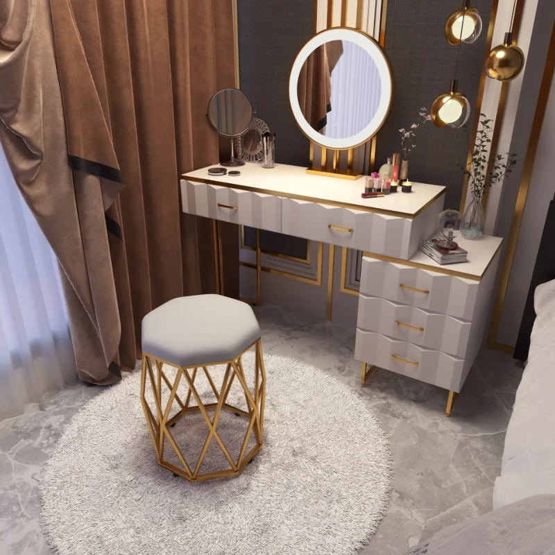 Valencia Vanity Set – Natural Wood with LED Mirror & Pouf Featuring Gold Stainless-Steel Details