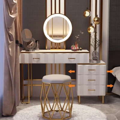 Valencia Vanity Set – Natural Wood with LED Mirror & Pouf Featuring Gold Stainless-Steel Details