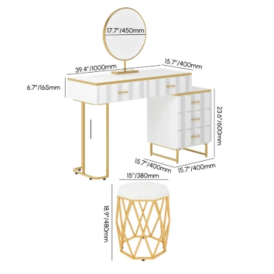 Valencia Vanity Set – Natural Wood with LED Mirror & Pouf Featuring Gold Stainless-Steel Details