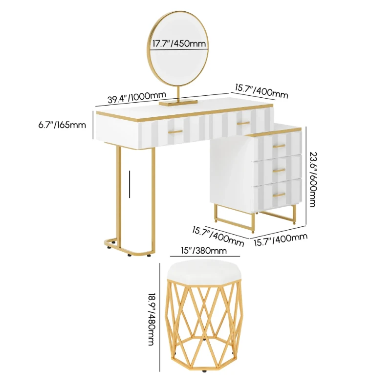 Valencia Vanity Set – Natural Wood with LED Mirror & Pouf Featuring Gold Stainless-Steel Details