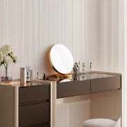 Vanity Set – Ébonie – Natural Wood with Smoked Glass Top, Organizer Drawers & Elegant Stool with Gold Base