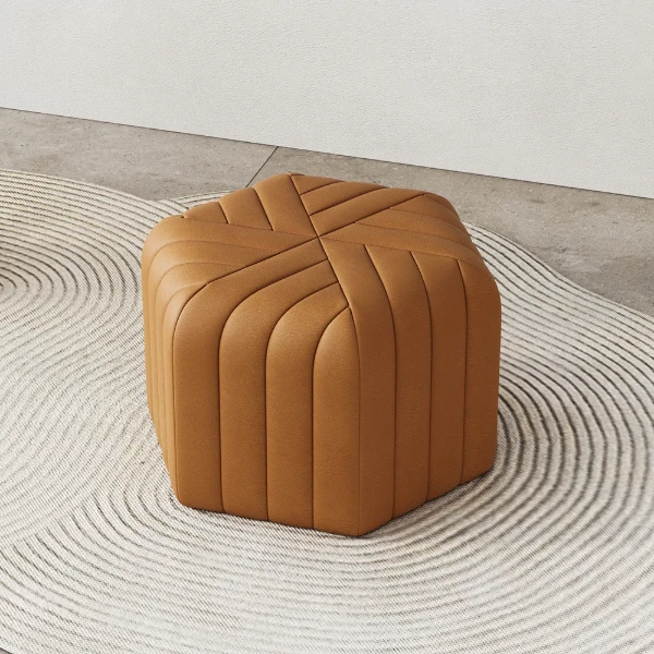 Maven – Upholstered ottoman with a simple and elegant design and a natural wood frame.