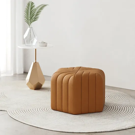 Maven – Upholstered ottoman with a simple and elegant design and a natural wood frame.