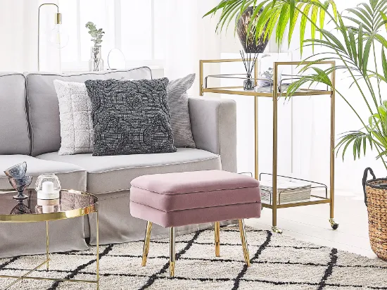 Elyen Ottoman – Contemporary Soft-Touch Design with Natural Wood Frame and Golden Metal Legs