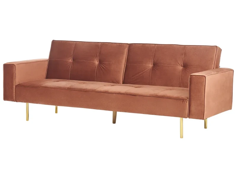 Soleil Velours Convertible Sofa Bed from natural wood – Velvet Upholstery with Golden Legs.