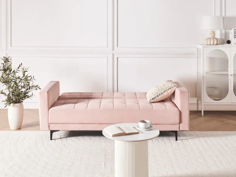 Velena – Modern Velvet Convertible Sofa with Natural Wood Frame